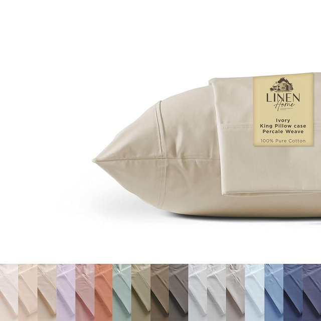 100% Cotton Percale Pillowcases King Size, Ivory, 2 Pieces of Pillow Case, Crisp and Cool Strong Bed Linen, 20 inches X 40 inches