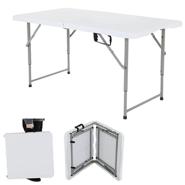 Dkeli Folding Table 4 Foot Portable Picnic Table Plastic Folding Table Adjustable Height Heavy Duty for Indoor Outdoor Camping, Picnic and Party, Fold in Half with Handle and Steel Legs, White