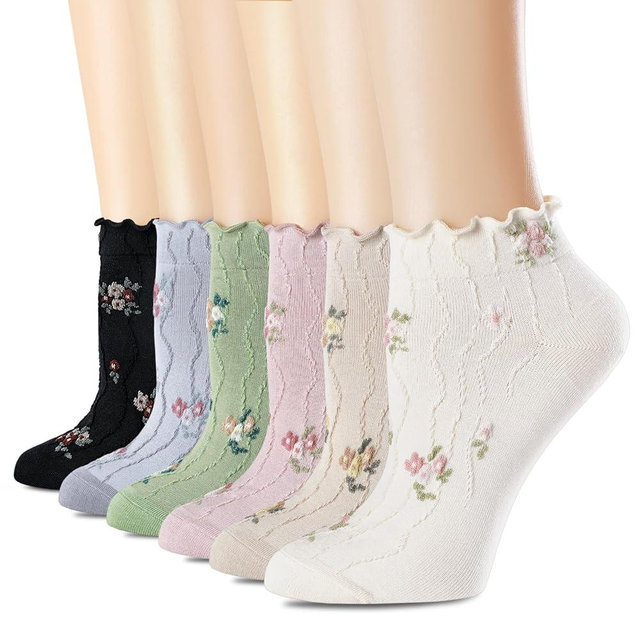 bropapa Women‘s Ruffle Ankle Socks,Vintage Patterned,Short Casual Dress Sock,Cute Princess Lettuce Floral Socks 6 Pack