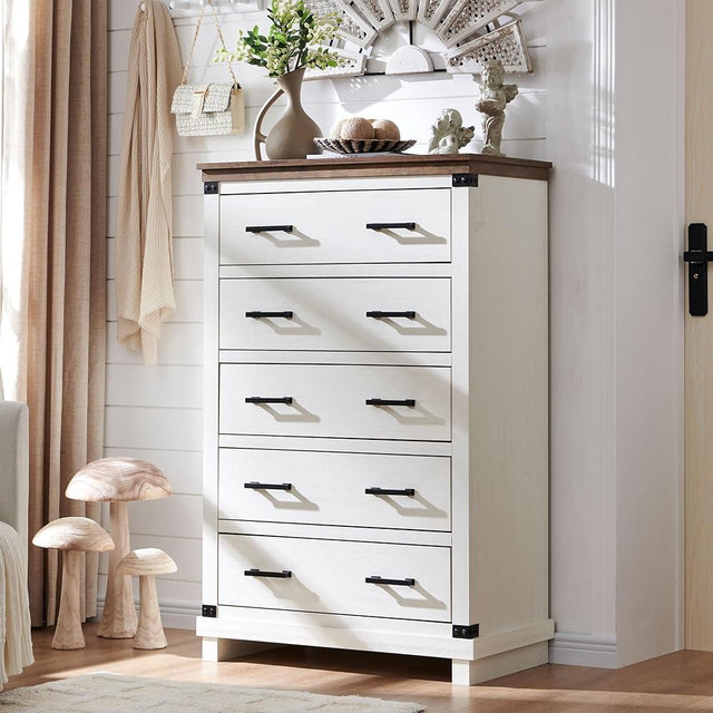 T4TREAM Farmhouse 5 Drawers Dresser for Bedroom, 48" Tall Wood Chest of Drawers w/Natural Texture & Metal Handle, Rustic Storage Dressers Organizer for Living Room, Hallway, Antique White