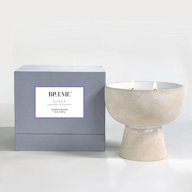 Blueme Sleep Candle | Lavender & Cypress | 2 Wick - Refillable Wellness Candle with Essential Oils, Hand Finished & Poured Soy Wax Blend Ceramic Vessel, Natural Cotton Wicks | Medium 12 oz