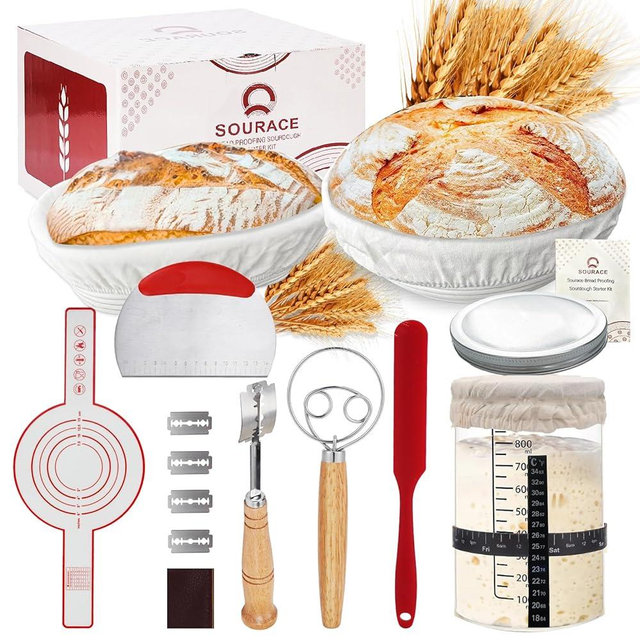 SOURACE Complete Sourdough Starter Kit,10 Inch Round & 9 Inch Oval Banneton Sourdough Bread Baking Supplies With Sourdough Starter Jar, Sour dough Starter Kits for Women, Men, and Bread Bakers