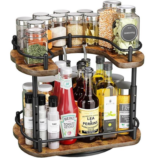 Revolving Spice Rack Organizer Wood - 12 inch Lazy Susan 2 Tier Adjustable Height Turntable for Cabinet Pantry Kitchen Counter Seasoning