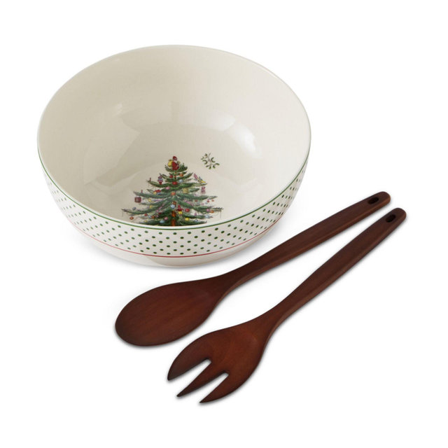 Spode Christmas Tree Polka Dot 10" Serving Bowl & Wooden Servers