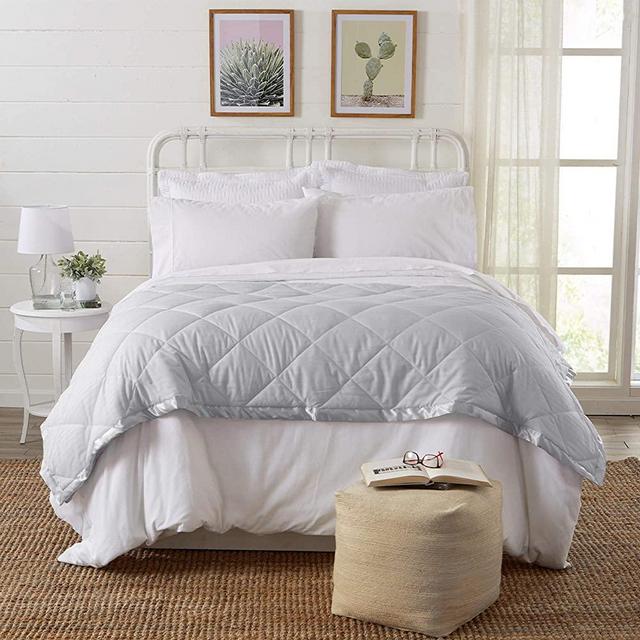 Lightweight Queen Goose Down Alternative Quilted Blanket with Satin Trim. Romana Collection by Home Fashion Designs High Rise Grey