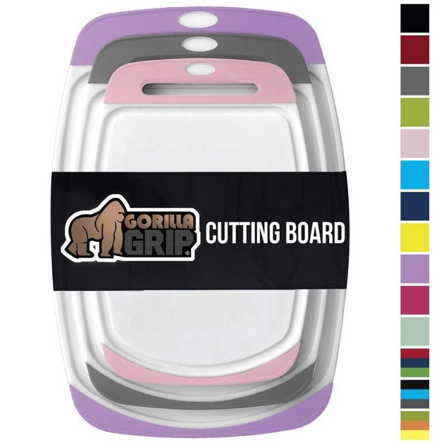 GORILLA GRIP Original Oversized Cutting Board, 3 Piece, BPA Free, Dishwasher Safe, Juice Grooves, Larger Thicker Boards, Easy Grip Handle, Non Porous, Extra Large, Set of 3, Purple, Gray, Pink