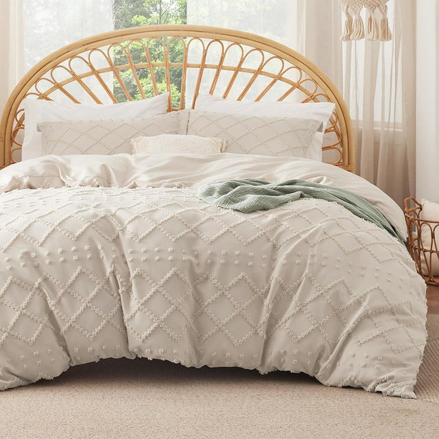 Bedsure Boho Duvet Cover King Size with Fitted Sheet - Boho Bedding Comforter Set, 4 Pieces, Includes 1 Duvet Cover 104x90 Inches with Zipper Closure, 2 Pillow Shams, 1 Fitted Sheet, Beige
