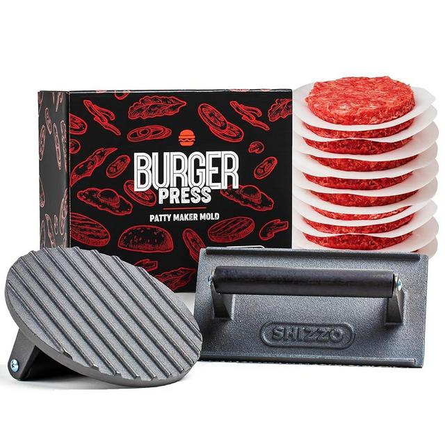 SHIZZO Smash Burger Press Cast Iron Round + Rectangle Heavy Duty Bacon Smasher with 50 Patty Papers, Griddle Accessories Kit, Weight Grill Press for Smashburger, Griddle Cooking Tool