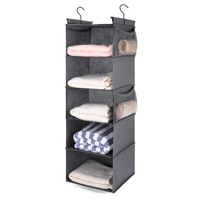 MAX Houser 5 Shelf Hanging Closet Organizer,Space Saver, Cloth Hanging Shelves with 4 Side Pockets,Foldable,Grey