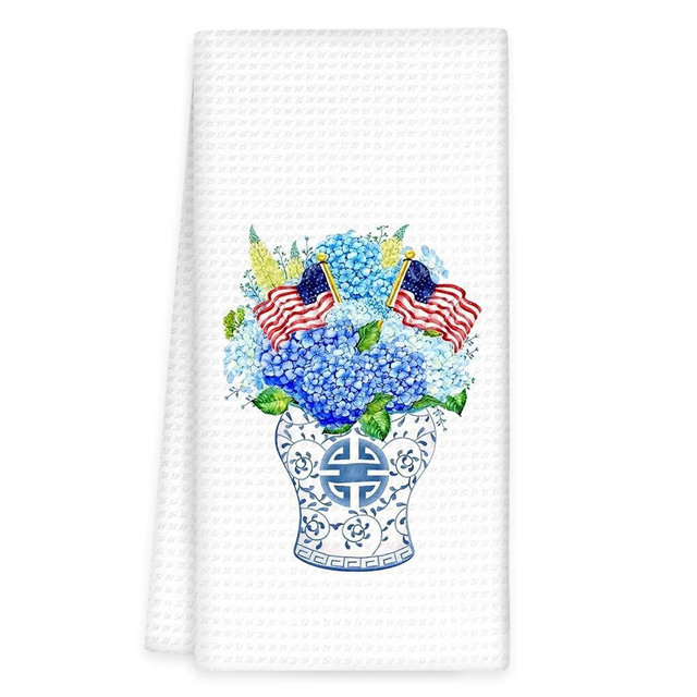 OINDADE Hydrangea Patriotic American Kitchen Towels, 4th July Hydrangea Hand Towels, Blue Chinoiserie Grandmillennial Decorative Dish Tea Towel for Kitchen, Blue Patriotic Home Bathroom Decor,16x24In