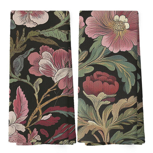 XPH Vintage Boho Floral Kitchen Dish Towels Set of 2, Retro Wildflower Mid Century Botanical Cottagecore Dark Academia Hand Towels Kitchen Bathroom Farmhouse Tea Towels Decorations, 16x24inch