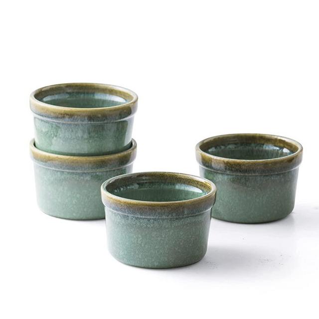 Ramekins 8 oz Oven Safe for Creme Brulee, Souffle Dishes - Ceramic Baking Bowls Set of 4 for Pudding Cups, Custard, Ice Cream, Dips and Appetizers - Light Green