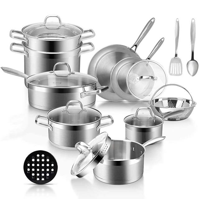 Duxtop Professional Stainless Steel Pots and Pans Set, 18-Piece Induction Cookware Set, Saucepan with Pour Spout and Strainer Lid, Impact-Bonded Technology