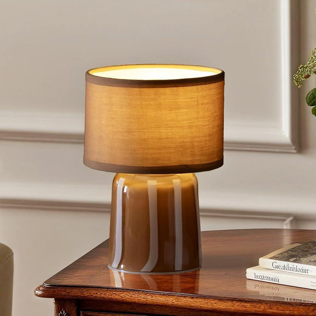 MJ PREMIER Battery Operated Lamp with Timer, Small Cordless Lamp with Glass Base, Fabric Shade Portable Table Lamp for Bedroom Living Room Bedside Home Decor (Brown)