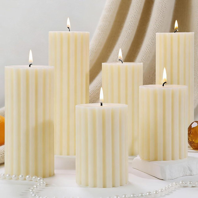 6 Pack Ribbed Ivory Pillar Candles, Cashmere Amber Scented Natural Soy Wax Candle, 532 H Long Burning Soy Candles, 2.8x4/6/8 inch Large Pillar Candles Gift Set for Home, Relaxation, Mantle