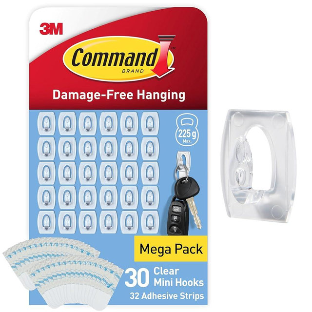 Command Clear Mini Hooks with Clear Strips CL006-30, 30 Hooks + 32 Strips/Pack, 40 Pack/Case
