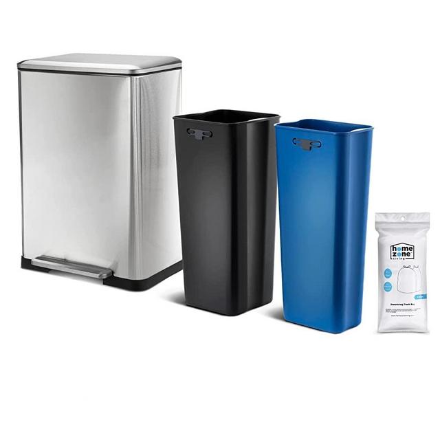 Home Zone Living 13 Gallon Dual Kitchen Trash Can, Dual Compartment Recycle Combo, Wide Body Stainless Steel Design, 50 Liter Total Capacity, Silver (VA42142A)
