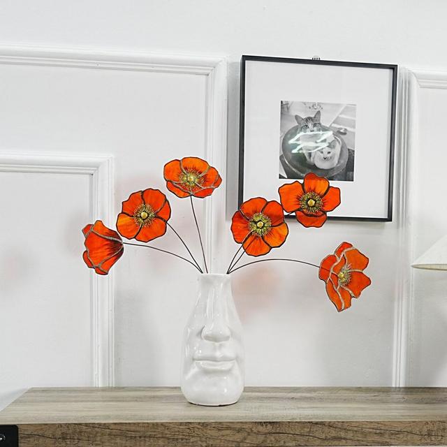 California Poppy set of 6 stained glass flowers-gift for her-Home decor-motherday gift-Poppy flower decor-Faux Flower-Orange flower