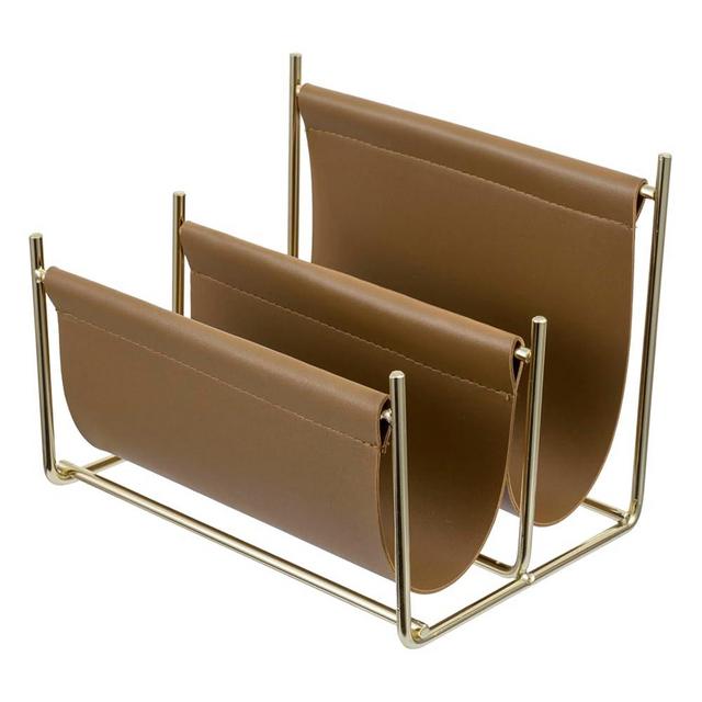 MyGift 2 Slot Modern Mail Holder, Deluxe Brass Tone Metal and Toffee Brown Leatherette Sling Entryway or Desktop Tabletop Letter Sorter