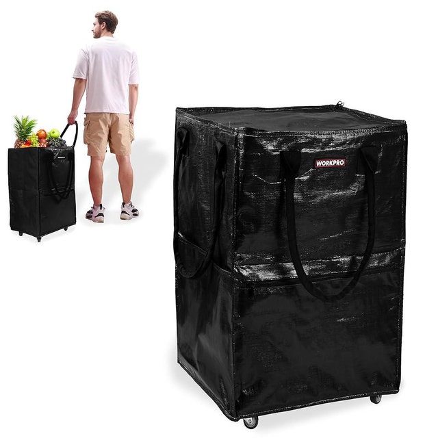 WORKPRO Medium Reusable Grocery Bag on Wheels, Heavy Duty Rolling Shopping Tote with Handle, Folding Trolley on 4 Caster Wheels for Groceries, Laundry, Camping, Moving