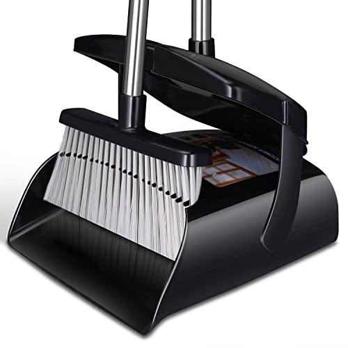 Broom and Dustpan Set with Lid Outdoor Or Indoor Dust Pan with Combo 3 Foot Long Stainless Standing Upright for Room Office Home Kitchen Lobby Clean The Pet Dog Hair