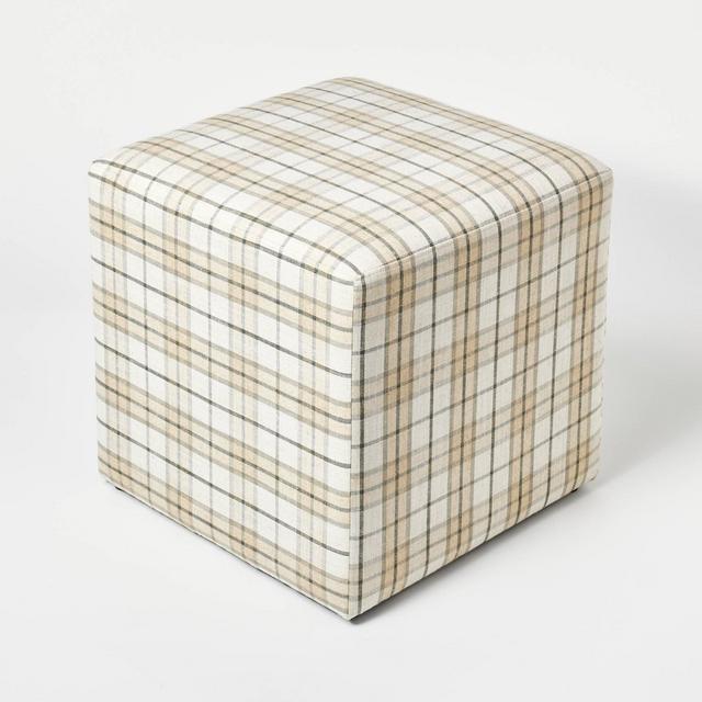 Lynwood Square Upholstered Cube Cream/Brown Plaid - Threshold™ designed with Studio McGee
