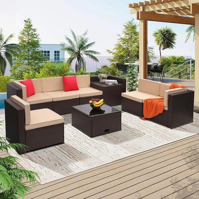 KROFEM 8 Pieces Outdoor Wicker Rattan Patio Furniture Sectional Set, Glass Top Table with Hidden Storage, 7 Sofa Sections, Oversized Cushions, Brown Color Rattan with Beige Cushion