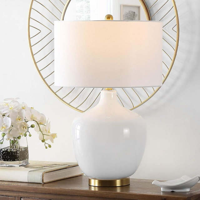 SAFAVIEH Lighting Collection Eugenie Modern Contemporary Antique White Glass Gourd 27-inchBedroom Living Room Home Office Desk Nightstand Table Lamp (LED Bulb Included)