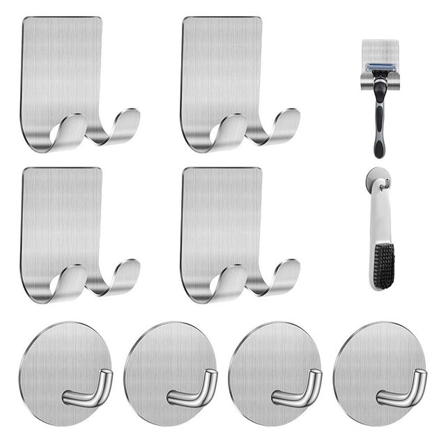 Diesisa Razor Holder for Shower + Adhesive Wall Hooks, Premium 304 Stainless Steel Shower Razor Holder with Heavy Duty Waterproof Sticky Hooks for Hanging Towels, Coat, hat (4+4 Pack)