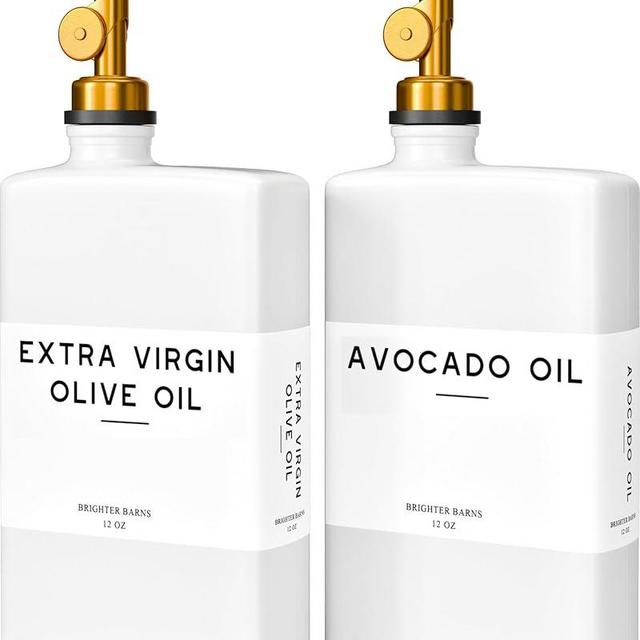 White Glass Olive Oil Dispenser Bottle for Kitchen by Brighter Barns - Avocado Oil Dispenser Set, Vanilla Syrup Bottle - Modern Decor, Gold Kitchen Accessories for Home, Airbnb, Cafe (White, Set of 2)