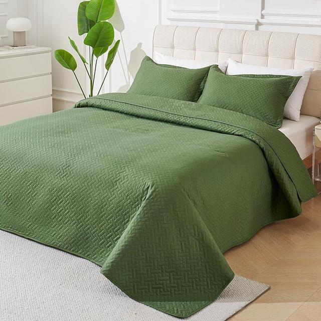 LEAONME Quilt King Size 3 Pieces, Lightweight Olive Green Bedspread-98''x106'', Soft Microfiber Summer Quilt/Coverlet,Luxurious Warm Bedding Sets for All Seasons (Includes 1 Quilt, 2 Shams)