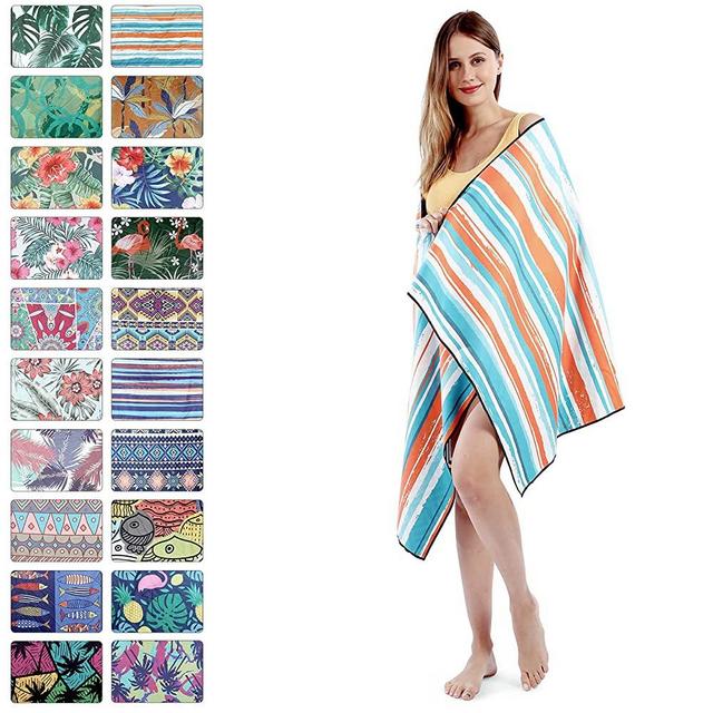 Beach Towel Microfiber Beach Towel, 68.9" x 29.6" Sand Free Beach Blanket Super Lightweight Towels for Swimming Pool, Camping, Picnic, Yoga Gym Sports, Blue-Orange Stripes
