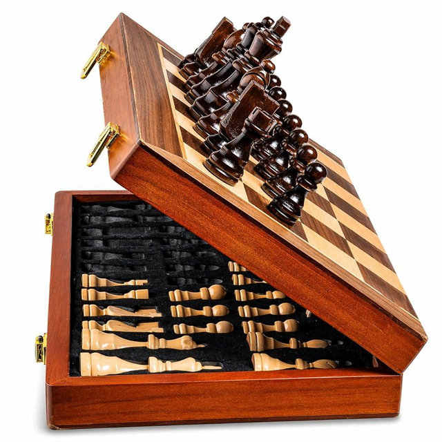 ECOCRAFTER 15'' 2 in 1 Wooden Magnetic chess and checkers set (2 Extra Queens, Foldable Chess set & Cotton Storage Bag) Magnetic Chess Sets for Adults with Color Gift Box, Handmade Checkers Board Game