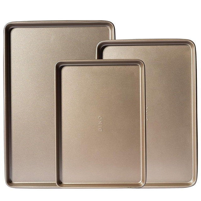 BINO | Bakeware Nonstick Cookie Sheet Baking Tray Set, 3-Piece - Champagne | Non Stick Baking Pans Set | Carbon Steel Tray Bakeware Sets | Oven Safe | Cookie Sheet Pans | Food-Safe