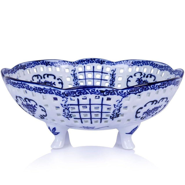 9.8in Blue and White Ceramic Fruit Bowl, Porcelain Decoration Bowl, Fruit Serving Plate,Storage Bowls,Decorative Pedestal Bowls for Table Countertop,Kitchen Island Centerpiece, Home Dining Decor