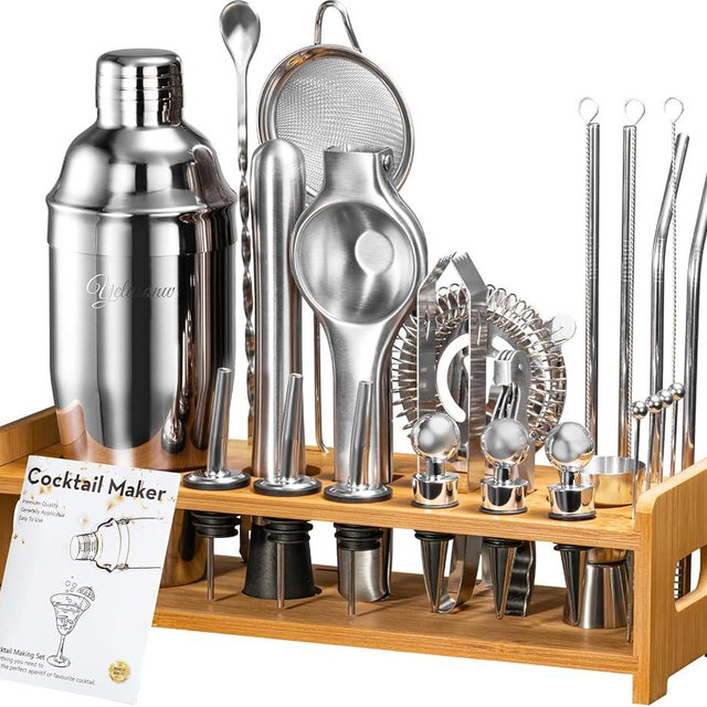 Yelusonw 26-Piece Cocktail Shaker Set - Bartender Kit with Stand, Shakers for Cocktail with All Shakers Bartending Bar Tool for Drink Mixing, Home, Lounge & Party