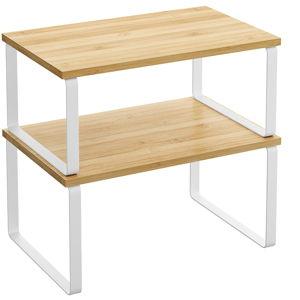 SONGMICS Cabinet Organizer Shelf, Set of 2 Kitchen Counter Shelves, Kitchen Storage, Spice Rack, Stackable, Expandable, Metal and Engineered Wood, Cloud White and Natural Beige UKCS02NW