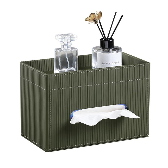 Cretkhp Rectangular Tissue Box Cover with Storage Tray, PU Leather Tissue Box Holder for Bathroom Vanity Countertop Night Stands Bedroom Office Desk, Stylish Tissue Holder Decorative Organizer (Green)