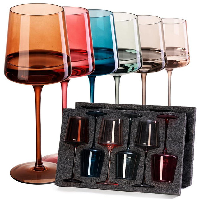 AIRXINLAY Colored Wine Glasses Set of 6-14oz, Colorful Wine Glasses by hand Blown Crystal,with Tall Long Stems for Party Home Bar Christmas Wedding gift set for wine lovers