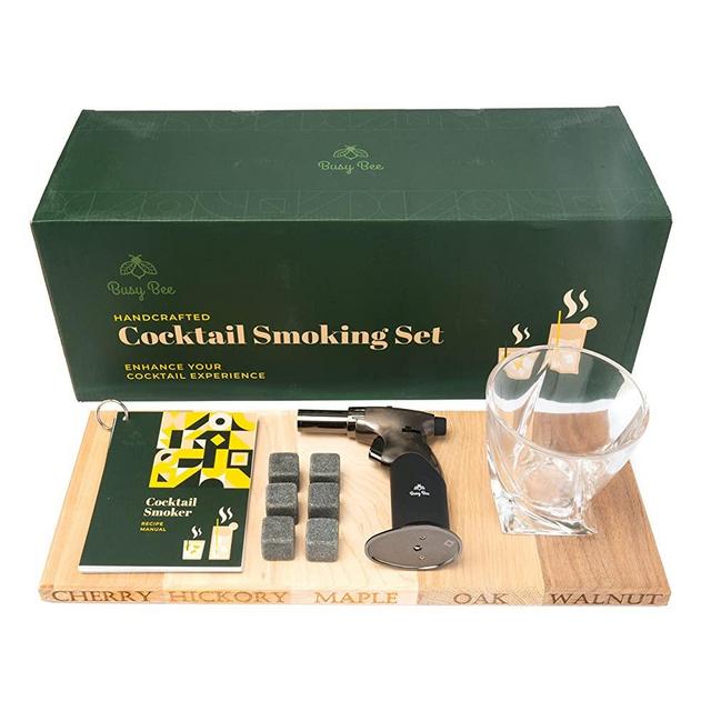 Busy Bee Cocktail Smoker 5-in-1 Multi Flavor Board Bartender Kit – Luxury Cocktail Set with Cocktail Smoking Board, Torch, Whiskey Stone and Whiskey Glass – Bar Sets for The Home with Aromatic Woods