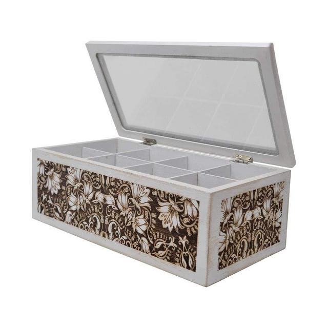 Decorative Home Decor Wood Tea Box, 11.2 x 6 x 3.9, Eight Compartments, Rustic, Antique Distressed Wood Organizer for Sewing Supplies, Jewelry, Beads, Hair Accessories and More!