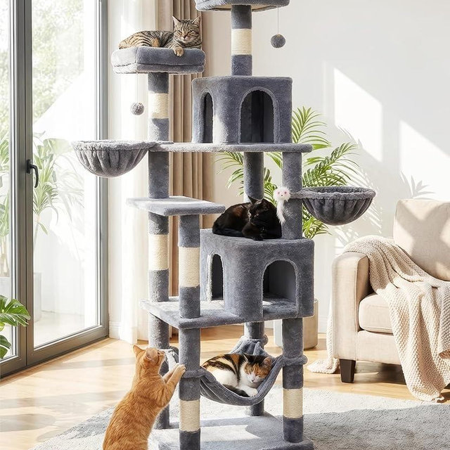 AMHANCIBLE Tall Cat Tree, 70 Inch Cat Tower for Indoor Cats, Multi-Level Cat Tree with Scratching Post, Hammock, Hanging Basket, Large Cat Condos for Adult Cats Kittens, Grey, PT18GY