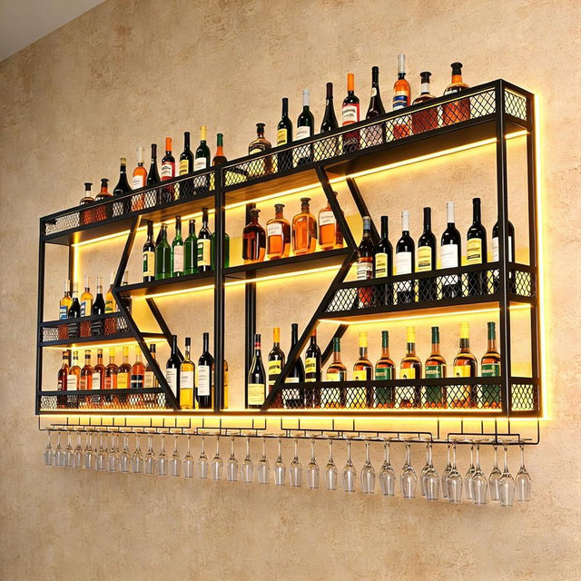 Wall Mounted Wine Rack, 71 Inch, 3-Tier Metal Bottle Shelf with Wine Glass Holder and LED Lights, Industrial Style for Home Bar, Restaurant (Black, 71in)