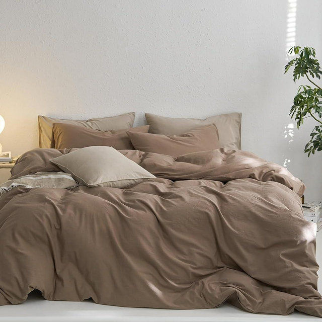MooMee California King Duvet Cover Set, 100% Washed Cotton Linen Like Twill Thick Sturdy Material Super Soft Breathable Durable Bedding for All Season, 3 Pieces (Bombay Brown, Cal King 104"x98")