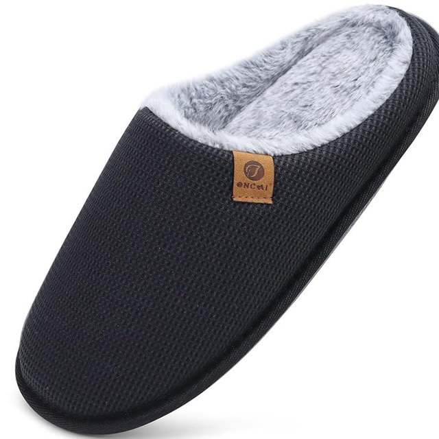 ONCAI Men's House Slippers, Cushion Memory Foam Shake Fleece and Man House Shoes with Faux Fur Lining and Indoor Outdoor Rubber Soles US Size 7-15