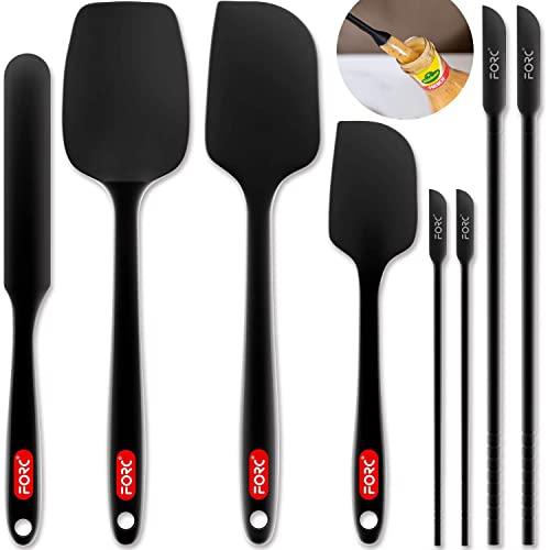 Forc Silicone Spatula Set of 8 include 4 Mini Spatulas, Heat Resistant Rubber Spatula Kitchen Utensils, One Piece Design with Stainless Steel Core, Kitchen Spatulas for Nonstick Cookware, Black