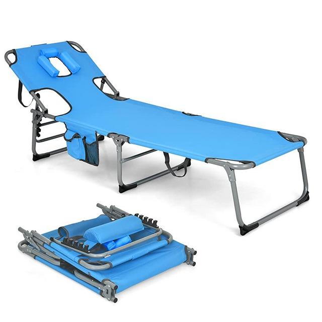 Giantex Beach Chaise Lounge Chair, Patio Folding Lounger with Face Cavity Hole, Detachable Pillow, Arm Slots, Storage Pouch, Portable Tanning Chair for Poolside Adjustable Sunbathing Chair(1,Blue)