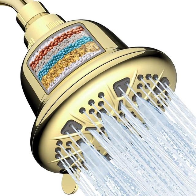 MakeFit Filtered Shower Head - High Pressure Shower Head with filter for Hard Water - Rain Shower Head Water Softener - Luxury 7 Settings Adjustable Water Filter Showerhead (Gold)