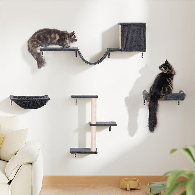 Aechonow Wall Cat Shelves for Large Adult Cats, 5-in-1 Cat Wall Furniture Set with Big Hammock, Stable Wall Climbing Ladder Perch Bed Scratching Post, Drak Gray
