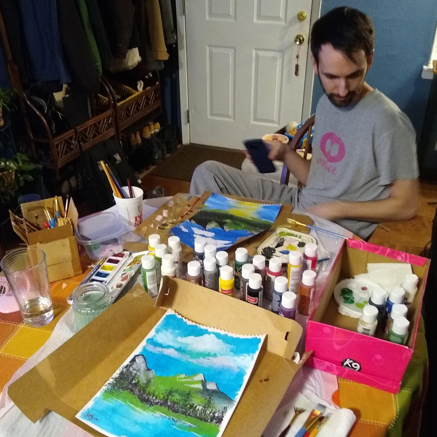 We did a Bob Ross painting night with pretty good results!